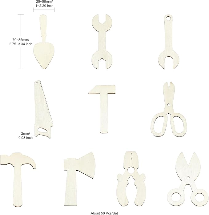 50 pcs Mixed Styles Labor Tool Theme Unfinished Wood Cutout Charms Scissors Axe - Image 2