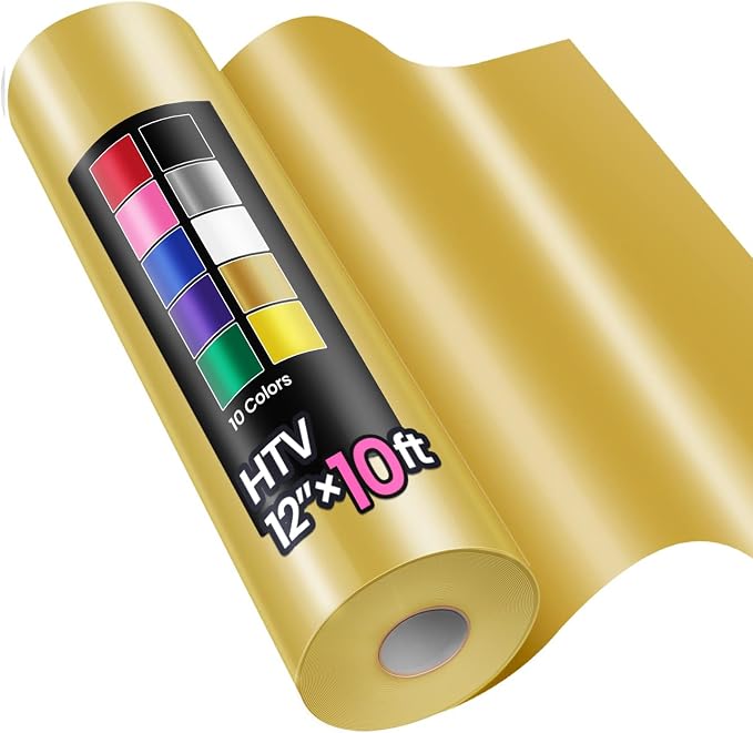 12" x 10ft Heat Transfer Vinyl HTV Rolls Gold, Sooez HTV Vinyl by Sooez