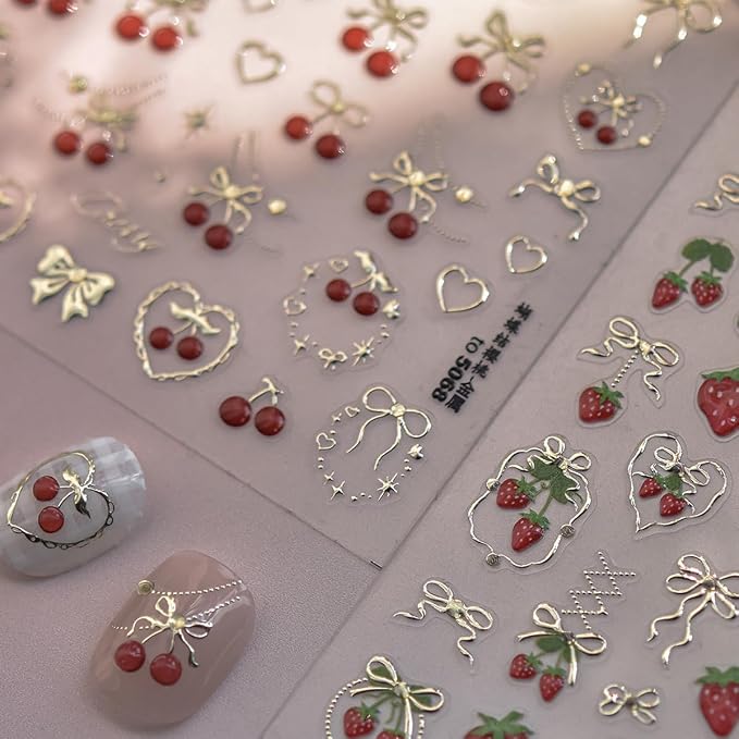 Cherry Nail Art Stickers Summer Cherry Nail Stickers 5D Embossed Gold Cherries by POWPOP
