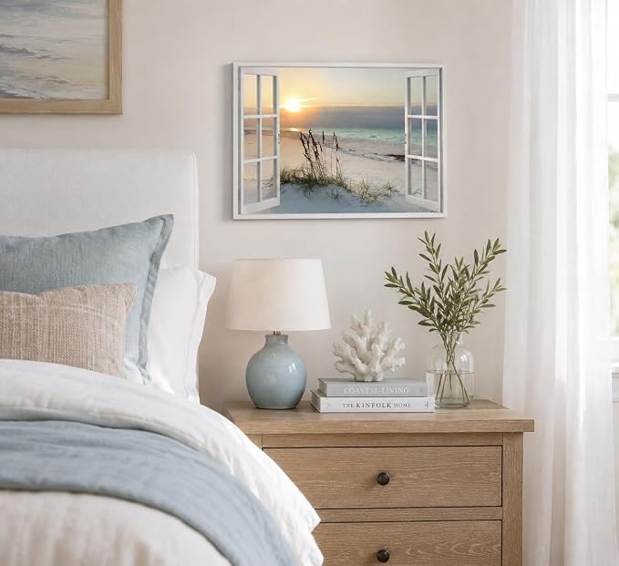 LRTNMTJ Beach Window Sunset Canvas Wall Art Fake Window Ocean Coastal Wall - Image 5