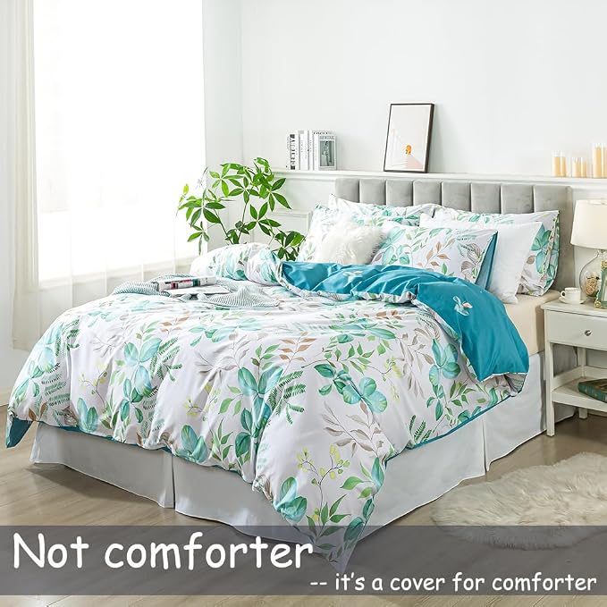 FADFAY Botanical Duvet Cover Sets Full Size 100% Cotton Teal Green Leaves - Image 2