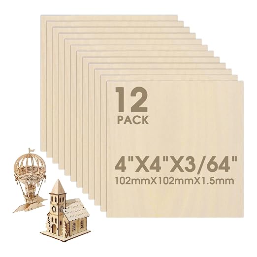 12 Pack Basswood Sheets 4"×4"×3/64" Unfinished Plywood Sheet | Smooth Thin Wood by Unknown