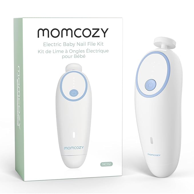Momcozy Baby Nail File Electric, Gentle Baby Nail Trimmer Electric, Baby Nail Clipper with Night Light, 7 Grinding Head Replacement Pads, Blue