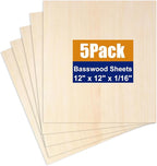 5Pack Balsa Wood Sheets Basswood Craft Plywood 12"x12"x1/16 | Smooth Wood Blanks by Unknown