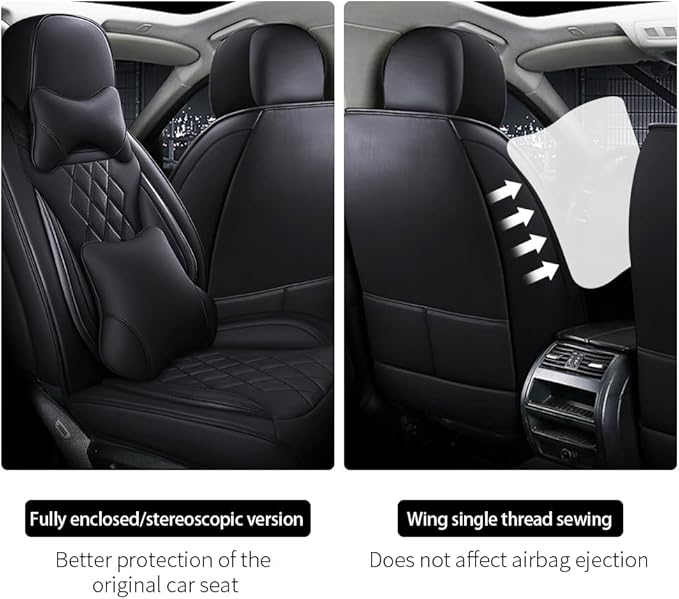 Leather Car Seat Covers for Volkswagen Atlas 2019-2023 Waterproof, Breathable, Non-Slip Napa Leather Car Seat Covers, Comfortable, Durable and Easy to Install（5PCS Luxury,Classic+Black）