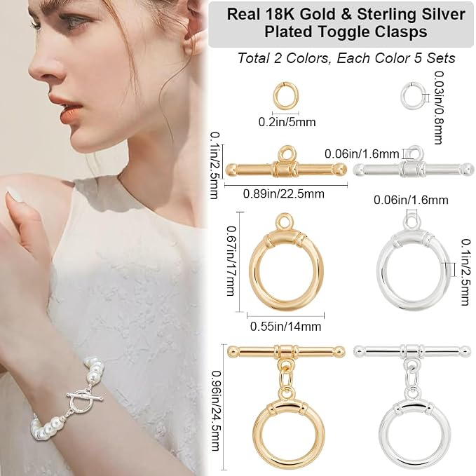 Beebeecraft 1 Box 10Pcs Toggle Clasps T-Bar Closure Clasps Real 18K Gold and - Image 2