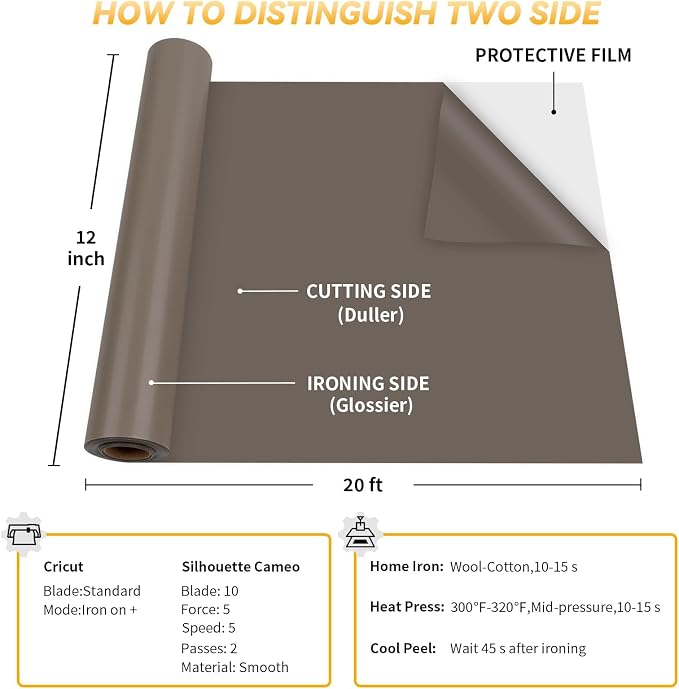 VinylRus Heat Transfer Vinyl-12” x 20ft Light Brown Iron on Vinyl Roll - Image 5