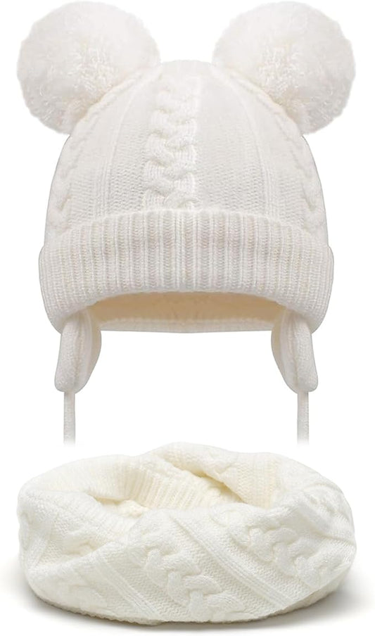 Duoyeree Toddler Winter Hat with Earflap Scarf Hood Thick Warm Kids Skull Cap for Baby Girls Boys