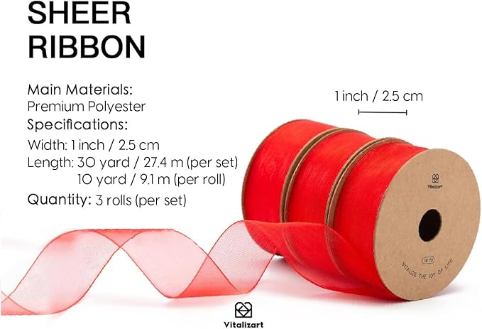Vitalizart Red Organza Ribbon for Gift Wrapping 1 inch x 30 Yd Extra Density - Image 2