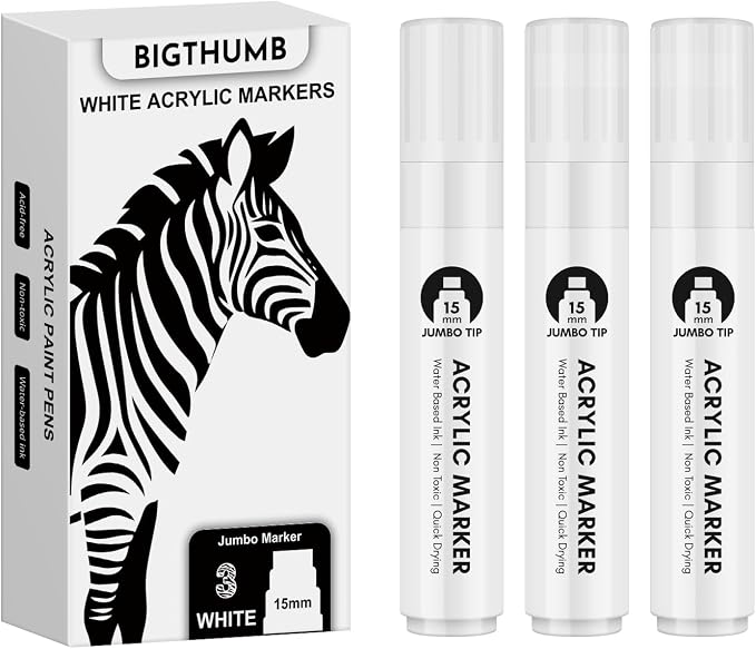 BIGTHUMB Thick White Jumbo Poster Markers: 3 Pcs 15mm Wide Tip Large Acrylic - Image 2
