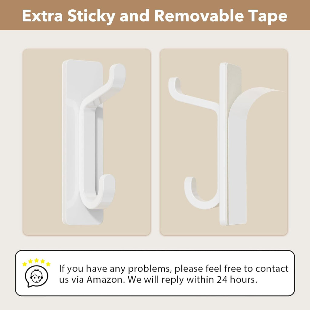 Wall Hooks for Coat and Towel: 13LB Adhesive Door Hanger Stick on, White 4 Pack