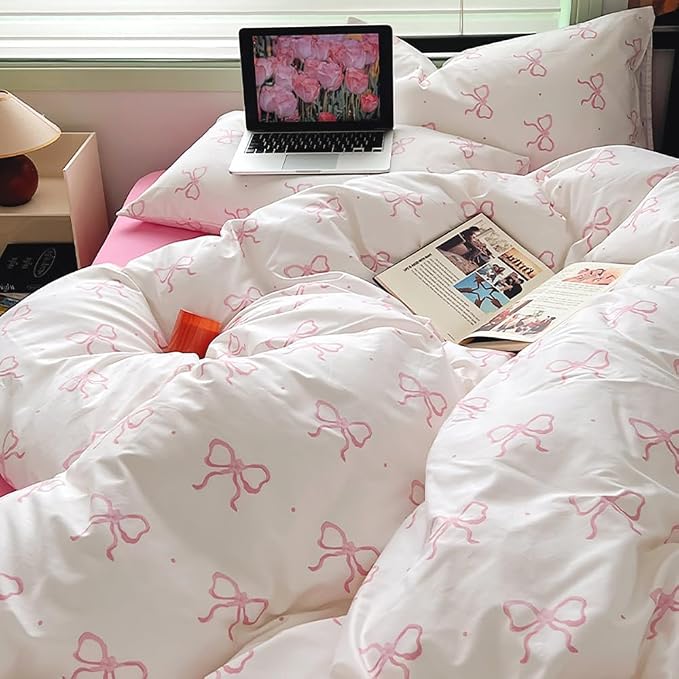 Nayoroom Pink Bow Duvet Cover Queen Size Polka Dot Bowknot Coquette Duvet Cover - Image 6