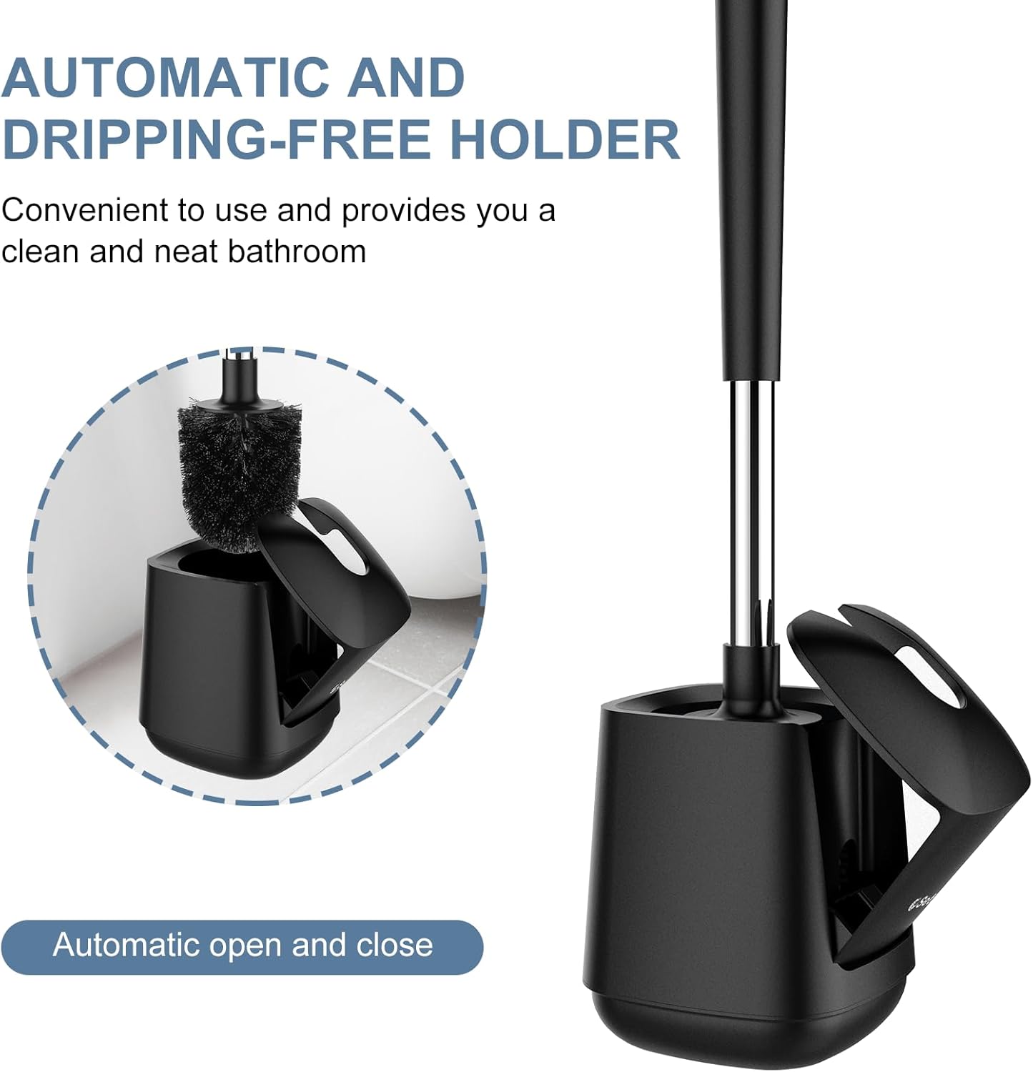 SetSail Toilet Brush and Holder 4 Pack, Self Closing Lid Toilet Bowl Brushes Holder Extra Long Handle Ventilated Toilet Brush Set for Bathroom Cleaning, Nylon Bristles, Black