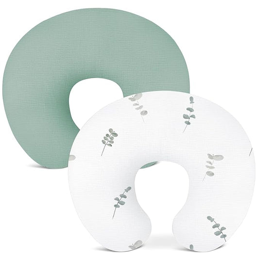 Nursing Pillow Covers 2 Pack, Muslin Nursing Cover for Breastfeeding Pillows, Comfortable for Baby Girls and Boys (Leaf-A & Sage)