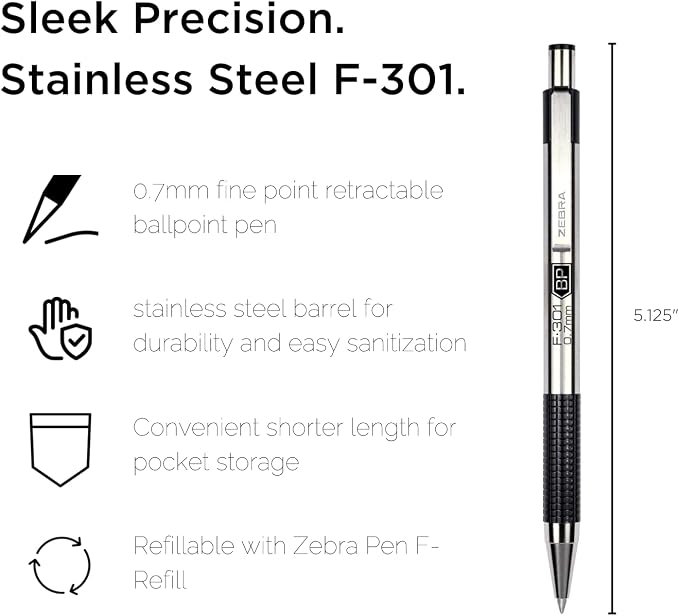 Zebra Pen F-301 Ballpoint Assorted Ink Fine Point 0.7mm Pen, Easy-Glide Ink - Image 2