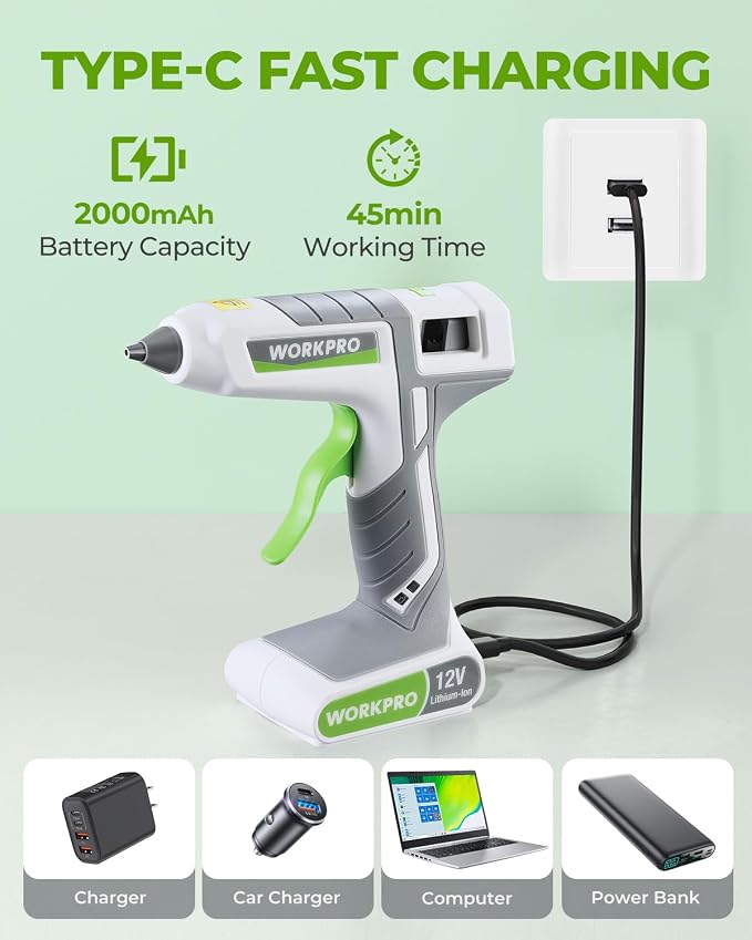 WORKPRO Full Size Cordless Hot Melt Glue Gun - 12V Rechargeable Fast Preheating - Image 4