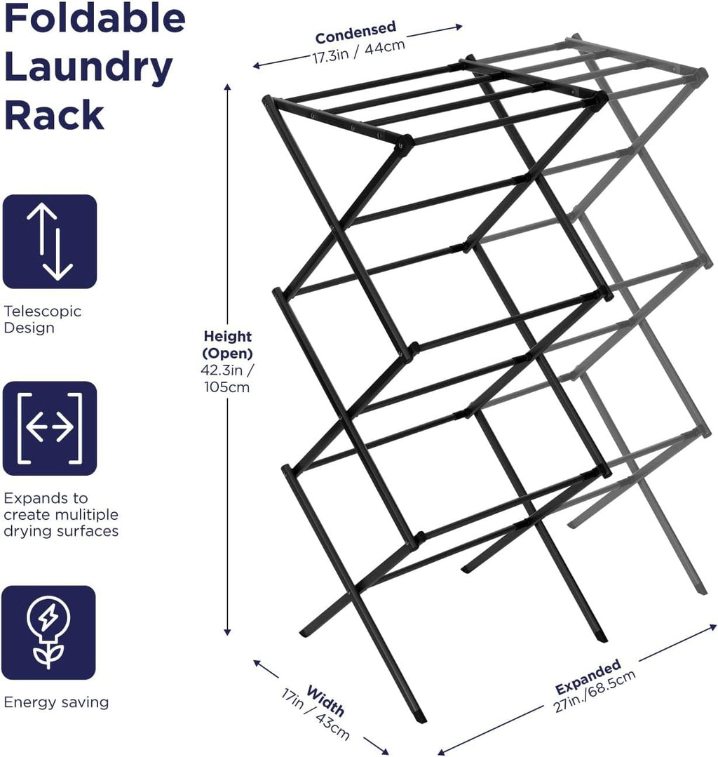 BLACK+DECKER Laundry Organization Expandable/Collapsible Clothes Drying Rack. Essential for Camping/Trailers or Anywhere You Air Dry Laundry. Oversized for Multiple Garments, (Black)