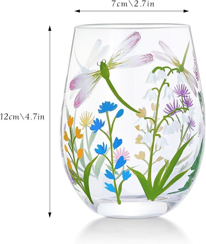 NymphFable Hand Painted Stemeless Wine Glass 18oz Set of 2 Dragonfly Flowers - Image 8