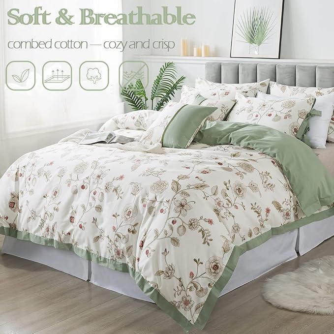 FADFAY Floral Bedding Set Queen 100% Cotton Shabby and Chic Beige Green - Image 7