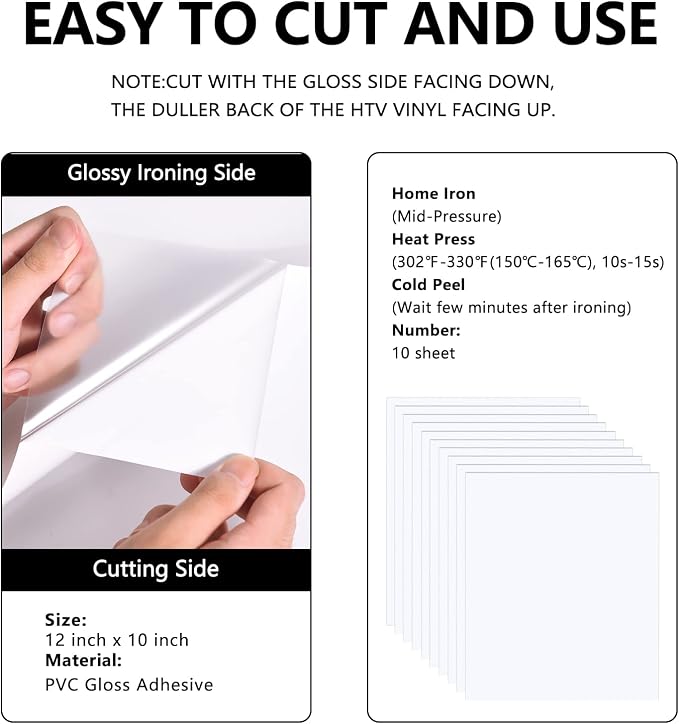 FUNKAKA White HTV Heat Transfer Vinyl Bundle, 10 Sheets Sticky HTV Vinyl - Image 2
