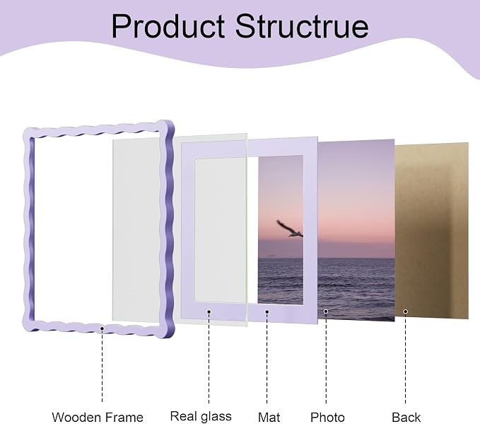 12x12 Picture Frame with Mat for 10x10, Wavy Edge Wooden Real Glass Photo Frame - Image 5