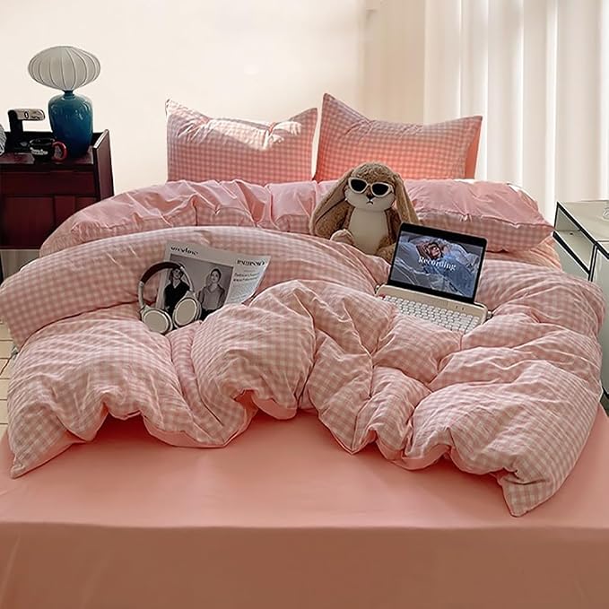 Nayoroom Pink Gingham Duvet Cover King Size Reversible Plaid Checkered Duvet - Image 5