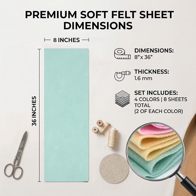 Pastel Felt Fabric Sheet 8" X 36", 1.6mm Thick 8 Pack 4 Colors Assorted | Soft - Image 2