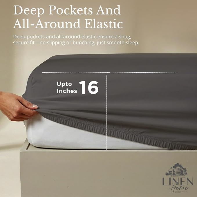 Linen Home 100% Cotton Percale Sheets King Size, Smoky Charcoal, Deep Pocket - Image 4
