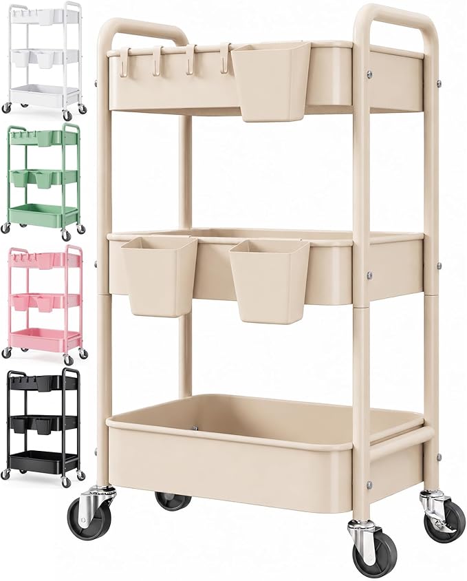 3 Tier Beige Rolling Storage Cart Metal on Wheels, Cream Three Tiered Diaper by Aofure