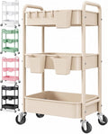 3 Tier Beige Rolling Storage Cart Metal on Wheels, Cream Three Tiered Diaper by Aofure