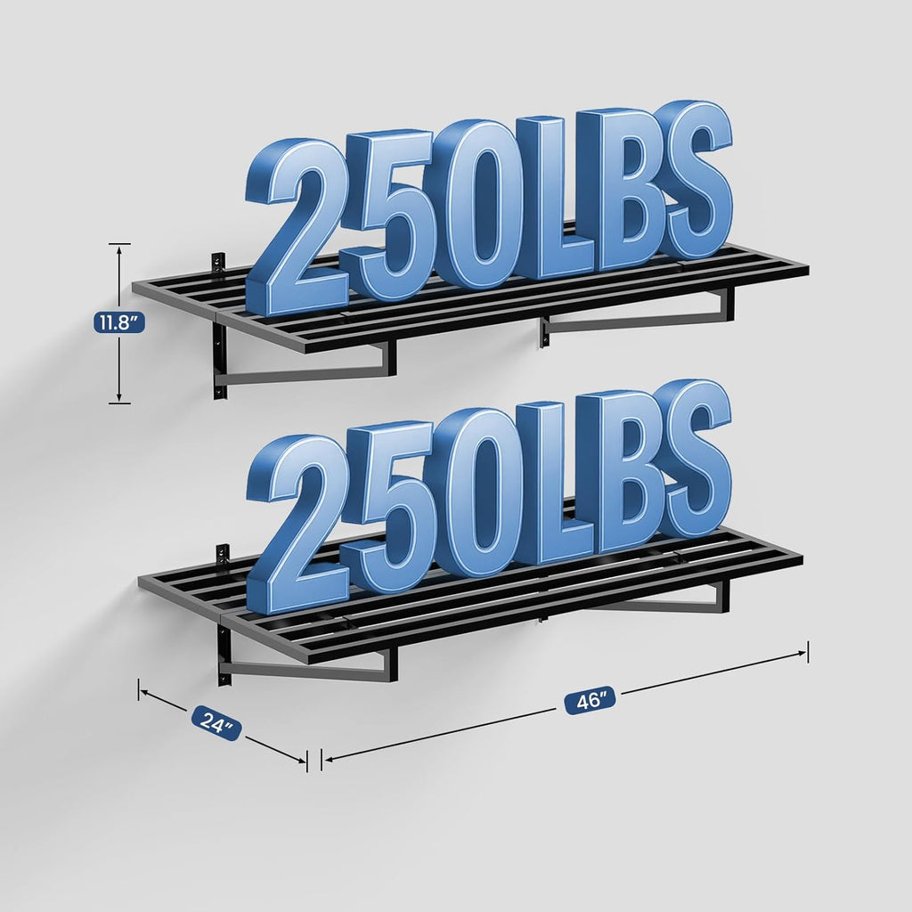 1-Pack Garage Wall Shelves, 2' x 4' Heavy Duty Wall Mounted Storage Rack with 3 Hooks, 250 lbs Capacity, Steel Garage Organization Shelving for Tools, Bins, and Power Equipment