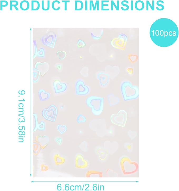 100pcs Photocard Sleeves, 9.1x6.5cm/3.58x2.56in Love Heart-Shape Holographic - Image 2