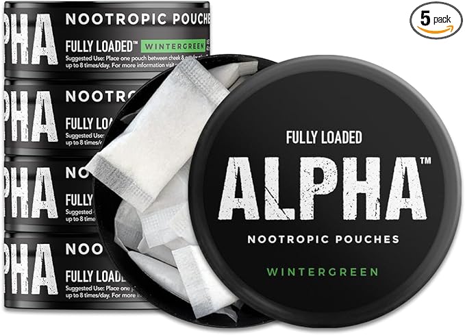 Fully Loaded Alpha Nootropic Pouches (Wintergreen) - 5 Cans - 15 Pouches per can - Effective Nootropic Delivery, Nic Pouch Replacement - Faster Absorption, Alpha GPC, L-Tyrosine, GABA