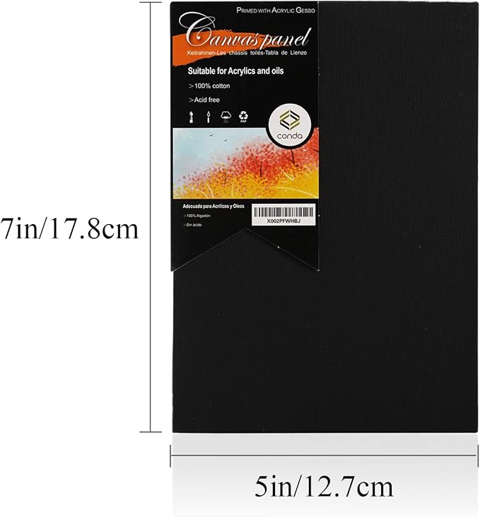 CONDA Black Canvas Panels 5x7 inch, 100% Cotton Acid-Free, 8 oz Gesso-Primed - Image 2