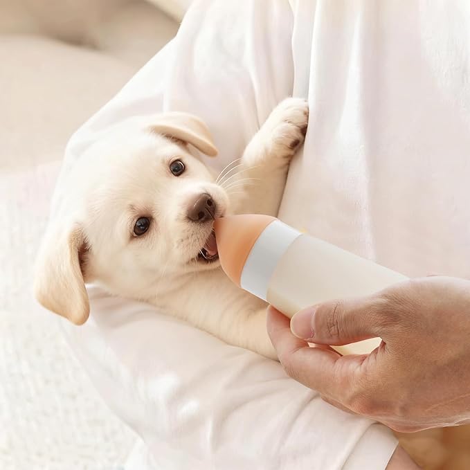Kitten Bottle Feeding Kit, Soft Silicone Squeezable Puppy Bottles for Adjustable Milk Flow with Replacement Nipple & Syringe, Newborn Puppy & Kitten Milk Feeder(White, 3.2fl oz)