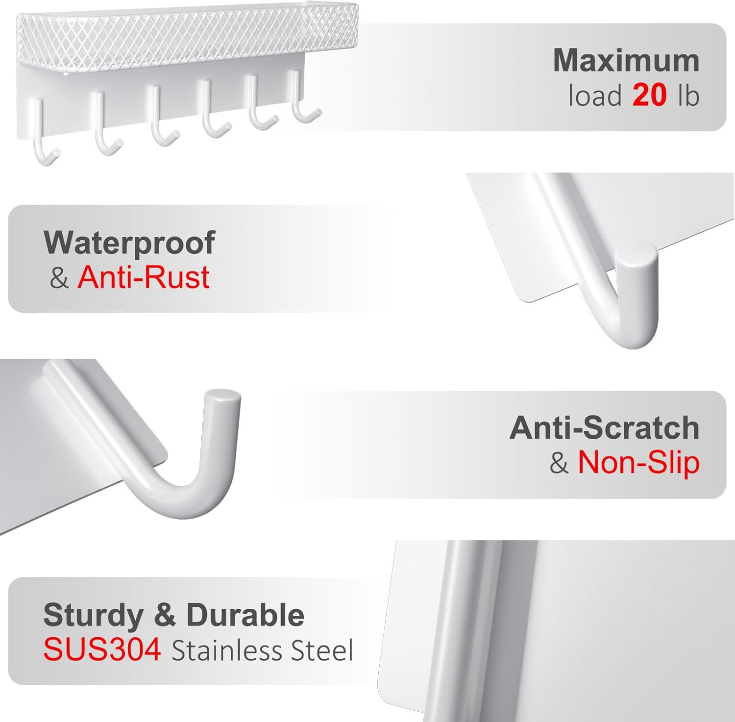 Key Holder for Wall – Decorative Stainless Steel Key Hanger with 6 Hooks for Hats, Bags, Leashes – Mail Holder Key Rack with Mounting Hardware and Guide (9.65” x 2.8” x 2.2”) (White)