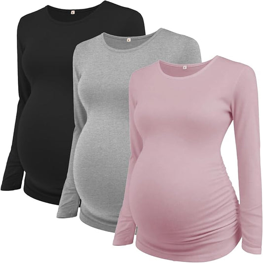 Ecavus Women's Maternity Shirts Long Sleeve Soft Stretchy Pregnancy Tops Side Ruched Casual Mama Clothes