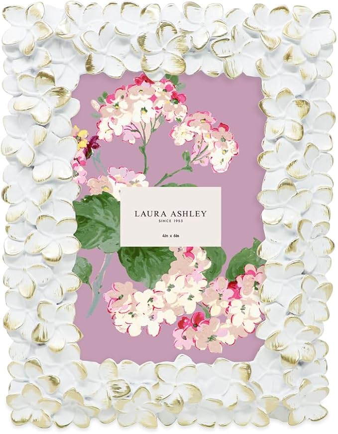 Laura Ashley 4x6 White & Gold Flower Textured Hand-Crafted Resin Picture Frame - Image 2