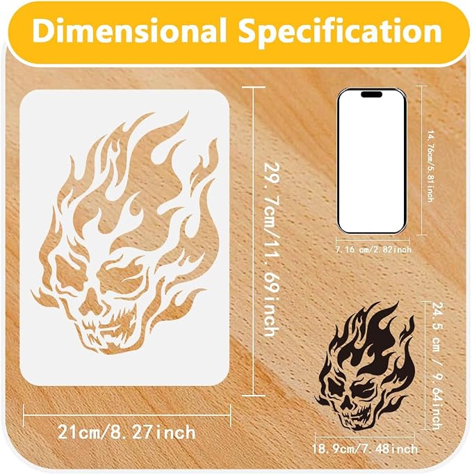 Flame Skull Painting Stencil 11.7 x 8.3 Inch Drawing DIY Craft Reusable Plastic - Image 2
