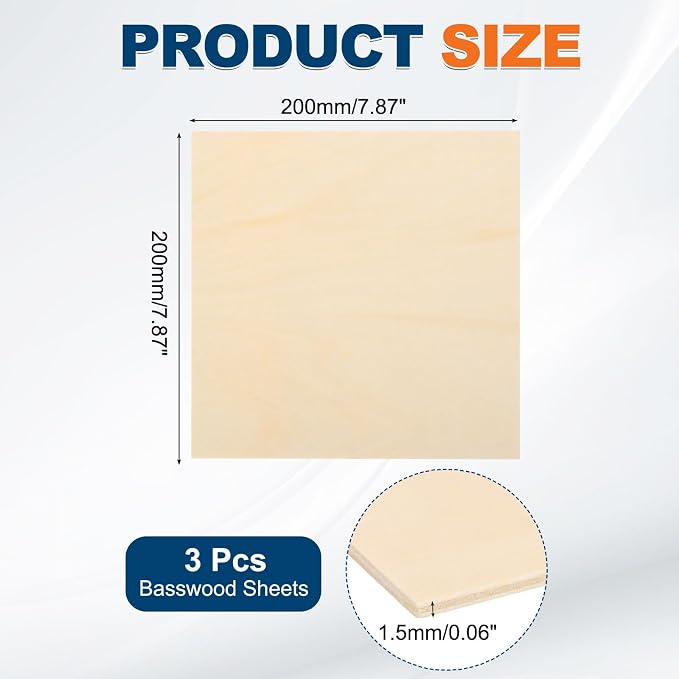 MECCANIXITY 3pcs Basswood Sheets 8 x 8 x 1/16 Inch Unfinished Wood Boards - Image 2