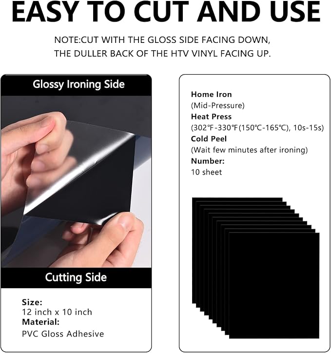 FUNKAKA Black HTV Heat Transfer Vinyl Bundle, 10 Sheets Sticky HTV Vinyl - Image 2