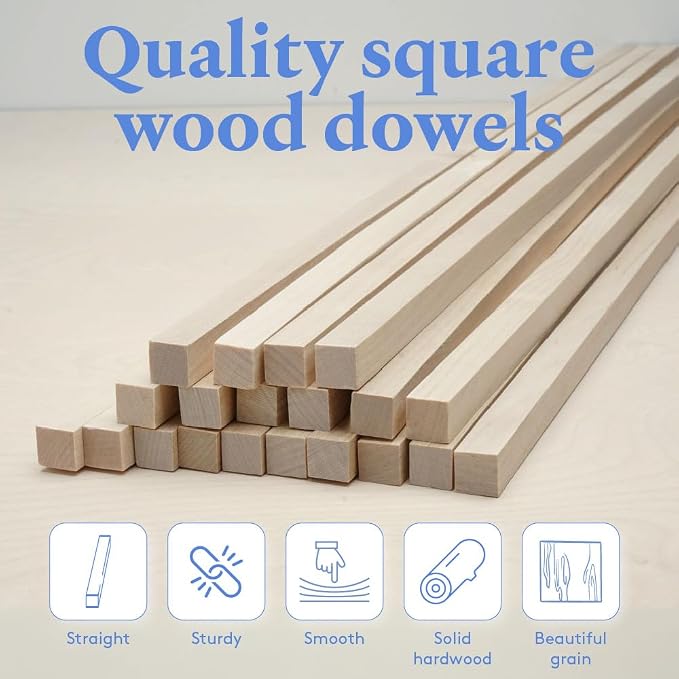 DIY Wooden Square Dowel Rod 1/4-inch x 18 Pack of 25 Hobby Wood Sticks - Image 2