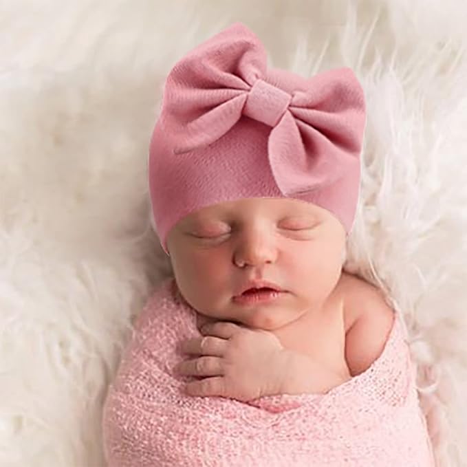 BQUBO Newborn Baby Girls Hats Mittens Set Hospital Hat Beanie Infant Bow Hats Baby Cotton Gloves for 0-6 Months