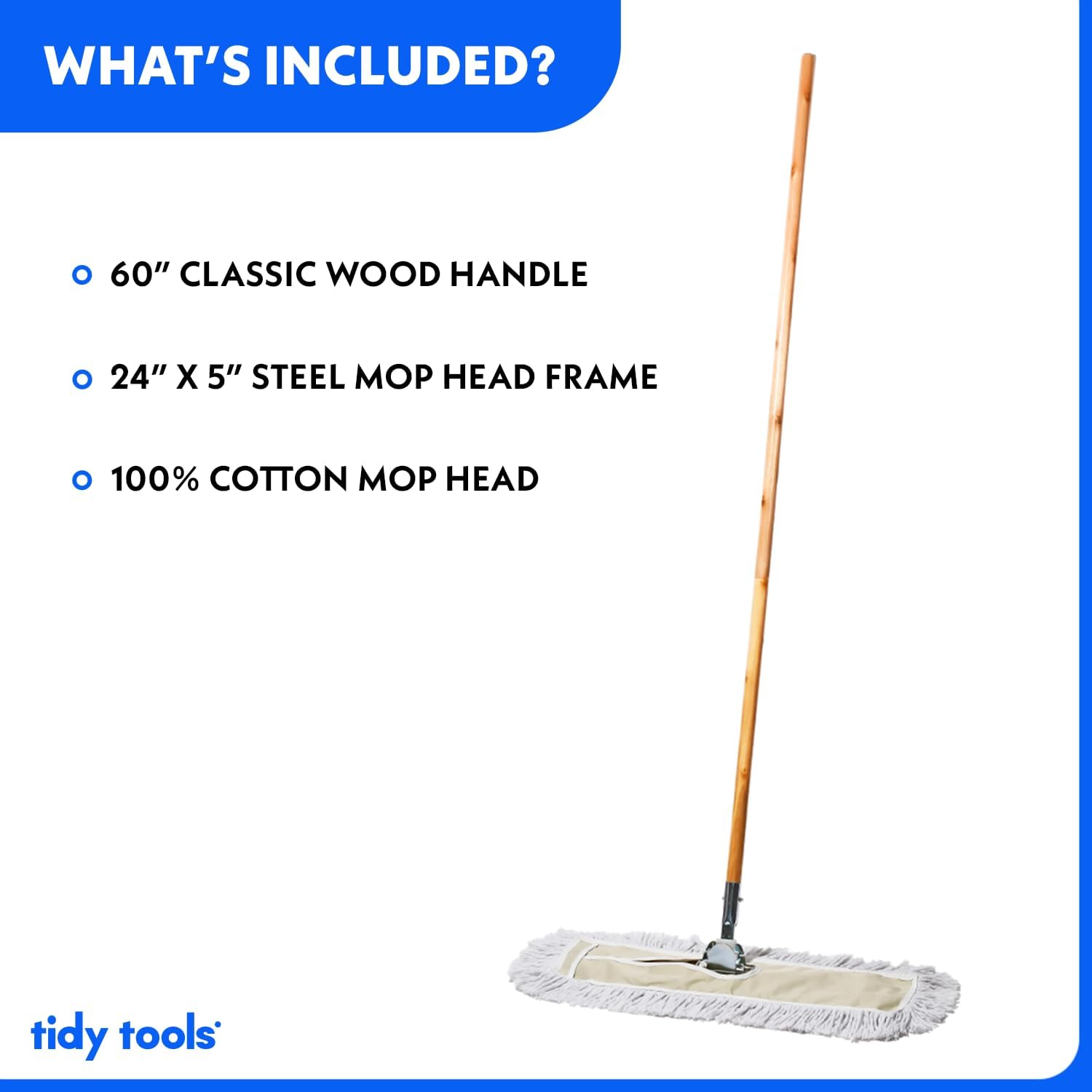 Commercial Dust Mop & Floor Sweeper, 24 in. Dust Mop for Hardwood Floors, Cotton Mop Head, Wooden Broom Handle, Industrial Dry Mop for Floor Cleaning & Janitorial Supplies