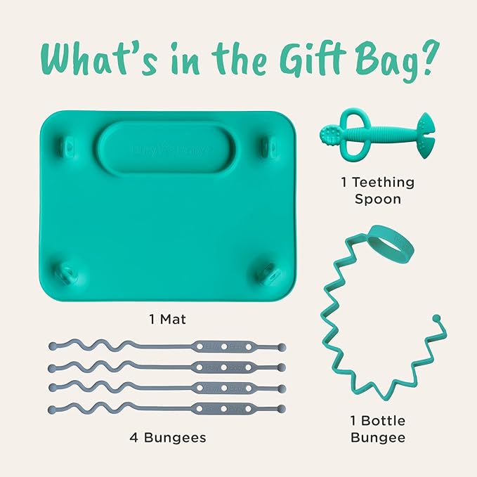 Busy Baby Gift Set - Silicone Placemat with Suction Cups, Bottle Bungee, Teething Spoon and 4 Universal Straps, Keeps Baby Essentials Like Bottles Within Reach & Off The Floor (Spearmint)