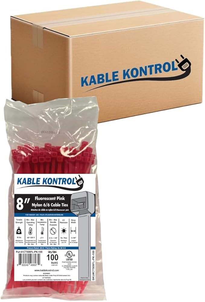 Kable Kontrol Fluorescent Pink Zip Ties 8 Inch 10, 50 Lbs Tensile Strength by KABLEKONTROL%C2%AE