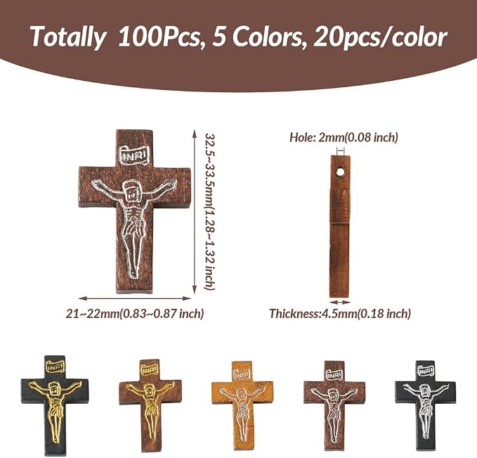 Cheriswelry 100Pcs Crucifix Cross Wood Pendants Crucifix Cross Printed Wooden - Image 3
