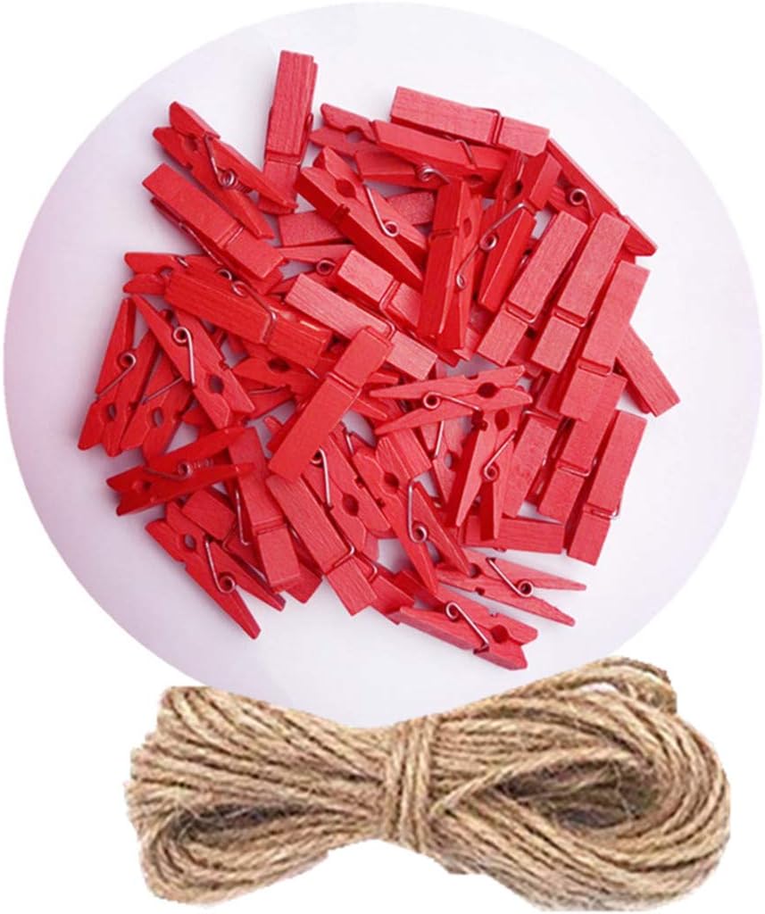 DurReus Tiny Wood Clips Travel Clothespins Miniature Clothes Pins for Wedding Arts Crafts Ornaments Packing with Twine Pack 50 Red