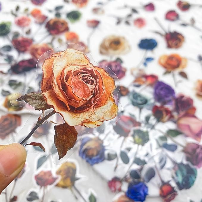 50PCS Vintage Dried Rose Stickers – Clear Waterproof Flower Botanical Scrapbook - Image 3