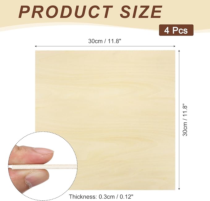 MECCANIXITY 4pcs Basswood Sheet 12" x 12" x 1/8" Unfinished Wood Plywood Boards - Image 2